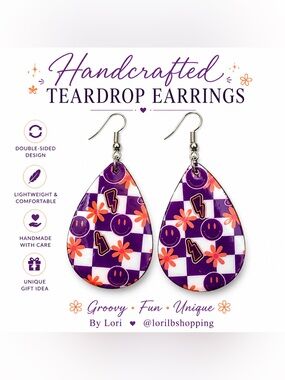 Purple Checkerboard Smiley Teardrop Earrings | Retro Groovy Handmade Dangles